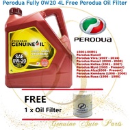 ( 100% ORIGINAL ) NEW PACKING PERODUA ENGINE OIL FULLY SYNTHETIC 0W20 4L FREE OIL FILTER 15601-00R01 MYVI ALZA