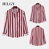 IELGY เสื้อเชิ้ตแขนยาวผู้ชายลายทางสีแดงและสีขาว