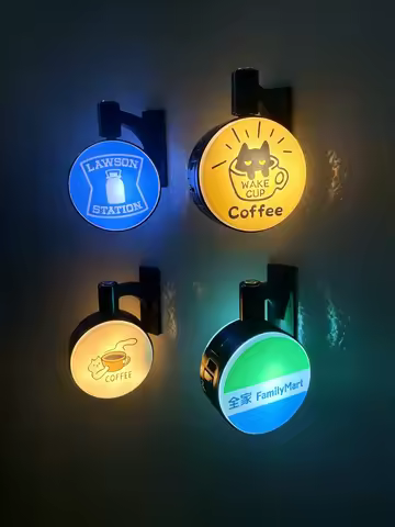 Rotatable LED Luminous Fridge Magnet Cat Coffee FamilyMart Lawson Mini Light Sign Home Kitchen Wall 
