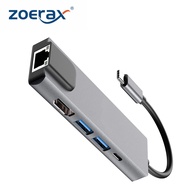 Zoerax USB C ฮับ5ใน1 USB C ตัวแปลงแบบหลายพอร์ตกับ HDMI 4K LAN RJ45 Ethernet 2 USB 3.0ชาร์จเร็ว PD 10