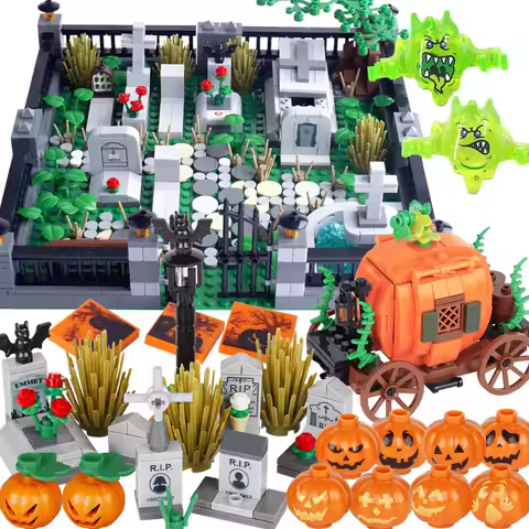 MOC Ghost Head Building Blocks Halloween Green Evil Spirits Pumpkin Carriage Accessories Bricks Toys
