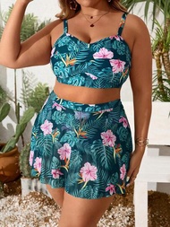 SHEIN Swim Lushore Traje de baño de bikini de impresión tropical de tallas grandes para mujer con cubierta de falda, ideal para vacaciones