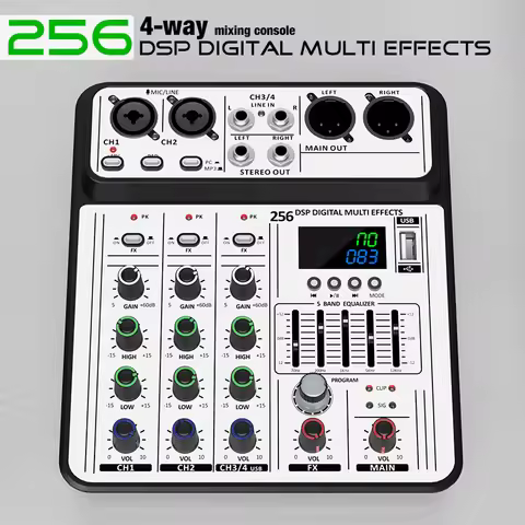 Professional 4-Channel 256DSP Audio Mixer 48V Phantom Power USB Studio Karaoke Bluetooth DJ Console 