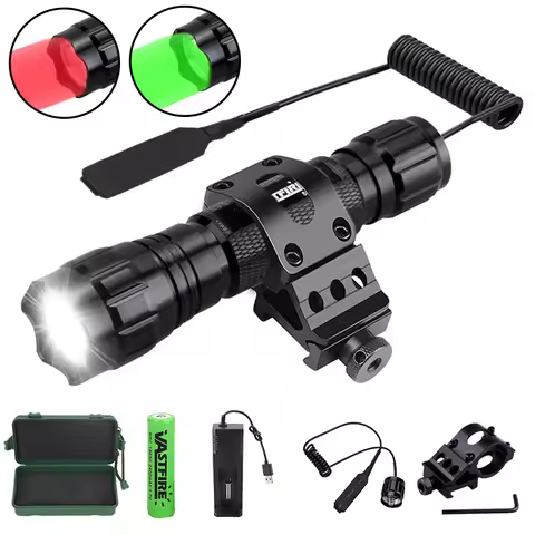 Tactical Hunting Flashlight White/Red/Green Led Torch Weapon Gun Light +Rifle Scope Airsoft Mount+Sw