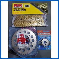 ∝ ⚛ ◳ RK STEEL GOLD / SILVER CHAIN SET WITH TAKASOGO ENGINE SPROCKET FOR SNIPER 150 & 155 / TFX /R1