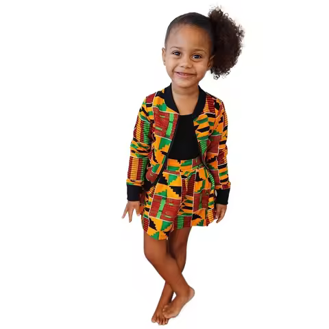 2 Pieces Set African Ankara Clothes Girls Kids Jacket Skirt Kente Ghana Bomber Coat Zip Up Child Tra