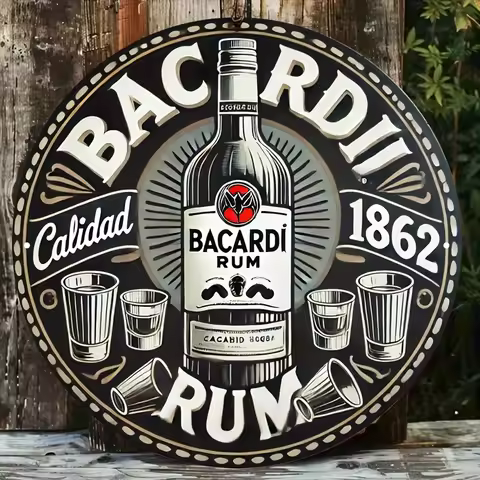 [Vintage Bacardi Sign] Bacardi Rum 1pc Round Aluminum Sign - 2D Flat 47.29cm Vintage Style with Bott