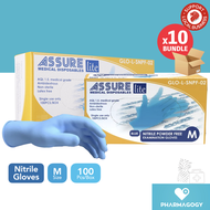 [Bundle of 10] Assure Soft Nitrile Gloves Lite Powder-Free, Blue Size M, 100pc/bx