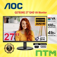 AOC 27″ Q27B3M2 VA QHD ( 2560*1440 ) Adaptive Sync 100Hz 4ms 3-Sided Frameless Monitor Design HDMi D