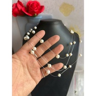 Thin-style real freshwater pearl necklace with 3 layers of beads, 8.5 to 8.8 mm, 65 cm longest layer