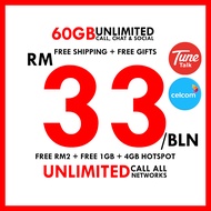 FREE Tunetalk Sim Card 60GB Unlimited Internet Data Call Hotspot Simkad Prepaid Celcom Digi USB 4G WiFi Modem Router