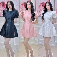 BIGSIZETIX Elegant party dress with round neck, puff sleeves and stylized stone straps, 50-90kg