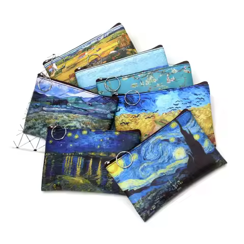 Vintage Oil Painting Canvas Cosmetic Bag Van Gogh Art Sunflower Star Moon Night Makeup Pouch Bag Tra