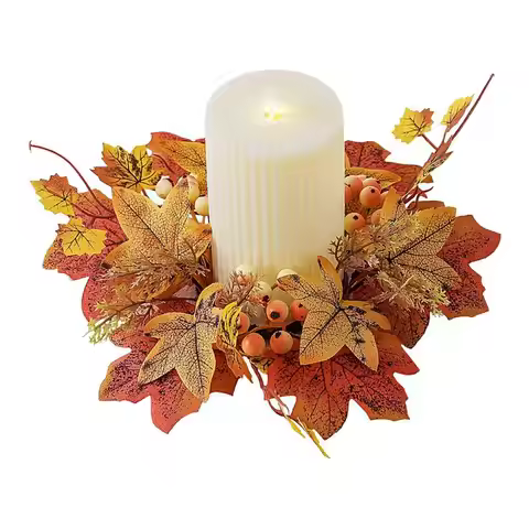 Fall Candle Ring 9.8Inch Maple Leaves Harvest Day Wreath Ring Holder Small Wreath Pillar Candle Hold