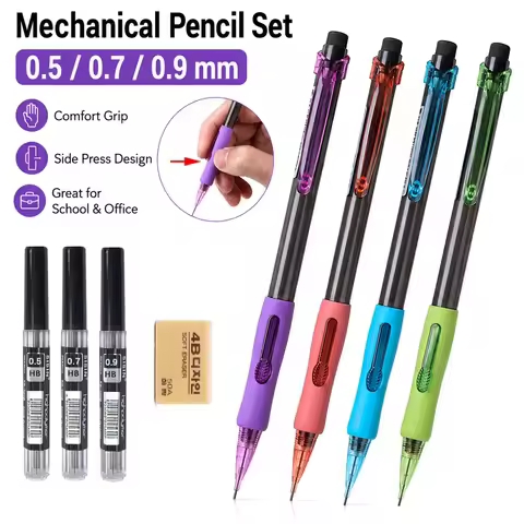 0.5/0.7/0.9mm Mechanical Pencil Side Press Automatic Pencil Set with 4box Leads and 1Eraser, for Sch