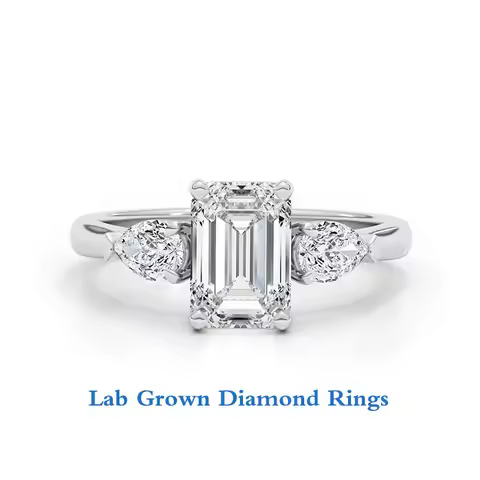 2Ct Emerald Cut IGI Certified EF VS-VVS Lab Grown Diamond Pear Shape Side Stone Three Stones Setting