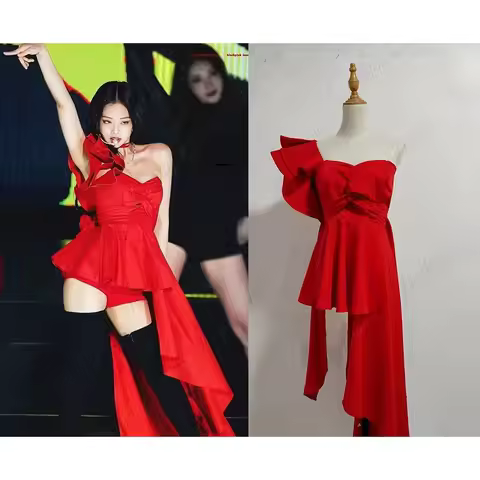 Red Rose Kpop Stage Dress Women Jazz Dance Performance Outfit