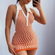 Blue Knitted Bodycon Dress Women Summer 2021 Halter Backless Mini Dress Vintage Striped Sexy Short Dress Beach Club Wear