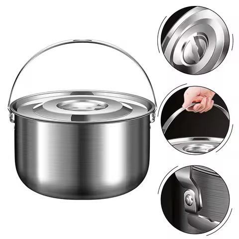 1X Outdoor Camping Cookware Stainless Steel Pot With Lid Handle 1.4/2.4/4/6L Outdoor Camping Pot Lid