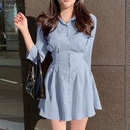 ZANZEA Korean Style Women 3/4 Sleeve Plain Casual Fashion Pleated Tunic Mini Shirt Dress