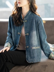 September New Chinese Style Loose Womens Denim Jacket with Button Fashionable Spring Autumn plus Siz