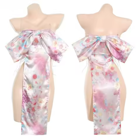 Women's Anime Japanese Girl Big Bow Cherry Blossom Kimono Dress Outfit Erotic Lingerie Mini Cheongsa