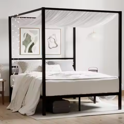 Queen Metal Canopy Bed Frame Heavy-Duty Platform Storage EVA Noise Sponge Foundation No Box Spring E