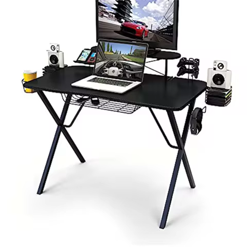 Black Gaming Table Computer Gaming Desk PC Table E-sports Racing Table with Cup Holder Headphone Hoo