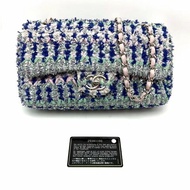 CHANEL 藍粉毛呢CF中號肩背鍊條包25*15*6 99新配件塵袋