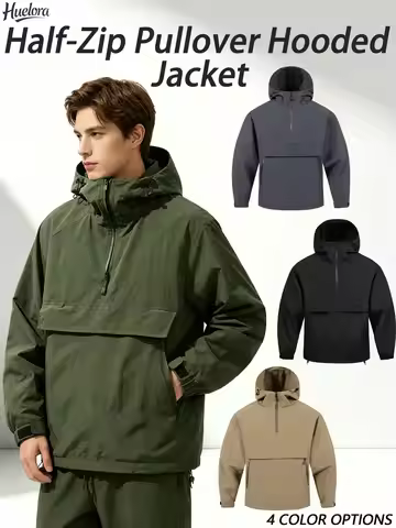Men Half‑Zip Pullover Anorak Hooded Jacket Windproof Breathable Outdoor Windbreaker Multi Pockets Ca
