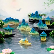 Miniature Landscape Diorama Chinese Paviliun Gazebo Garden Stone Bridge Ship