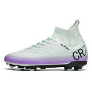 CR7 High-Top Long Spike Football Boots Men Mint Green Purple Gradient Color Matching Breathable Sock