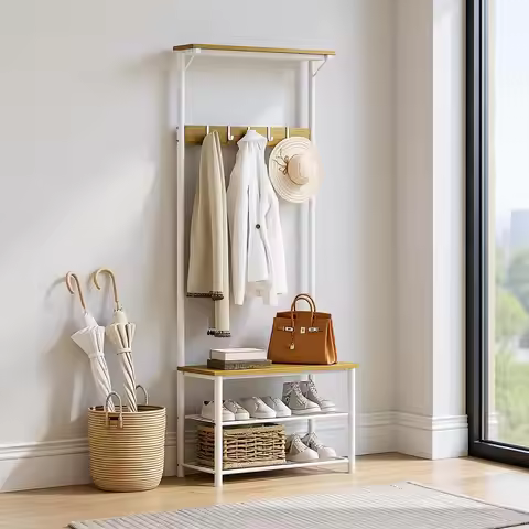 3-in-1 Wooden Hall Tree with Bench, Shoe Storage, and Coat Rack in White