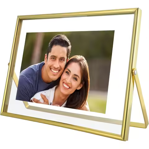 Gold Floating Frame 6x8 for Picture 5x7 4x6 3x5, Double Glass Metal Photo Frame for Tabletop Shelf, 