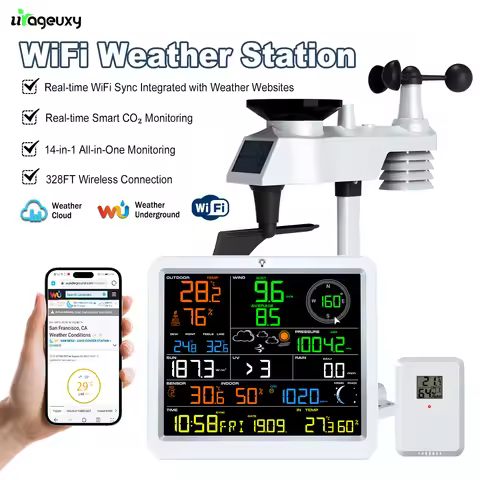 WiFi Weather Station 14-in-1 with Solar Power Wireless Outdoor Sensor CO2 Detection 100m Range Weath