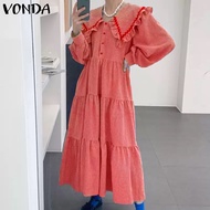 VONDA ชุดเดรสแบบจีบคอตุ๊กตาฝรั่งเศสสำหรับผู้หญิงเดรสสายตัดกันหวานมีระบาย