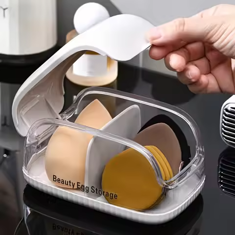 Dual Compartment Beauty Sponge Storage Box Transparent Lid Makeup Blender Holder Dustproof Divided C
