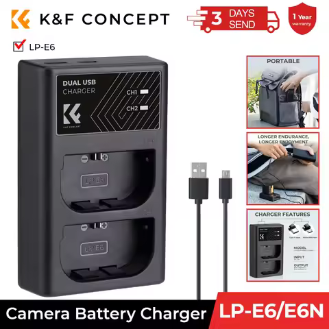 K&F Concept LP-E6/LP-E6N/LP-E6NH Battery Charger Dual Slot Quick Charger for Canon EOS R5 EOS R6 EOS