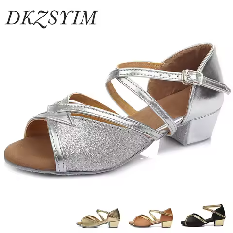 DKZSYIM New Latin Dance Shoes Children Girls Women's Tango Low Heels 3.5cm Dance Ladies Jazz Dance S