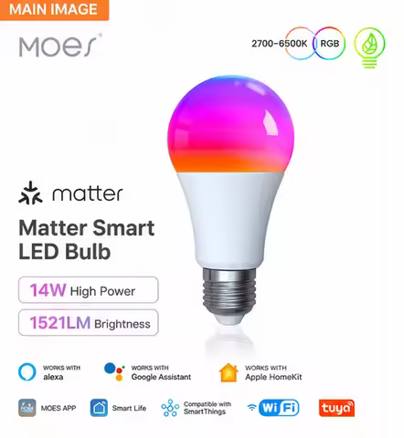 MOES Matter Smart LED Bulb E27 14W 1521LM RGB+CCT WiFi Dimmable Light Works with Alexa Google Home A