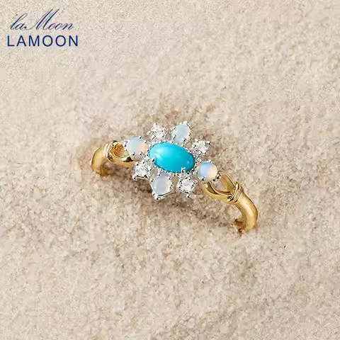 LAMOON Vingtage Gemstone Rings For Women Natural Opal Topaz Turquoise Ring 925 Sterling Silver Gold 