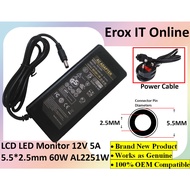 LCD LED CCTV Monitor AC DC 12V 5A 5.5 * 2.5mm Power Adapter Charger NC780-8250U AL2251W AG322FCX PAC