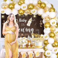 A Baby is Brewing Baby Shower Decorations Beer - White and Gold Balloon Garland with Backdrop, Cake 