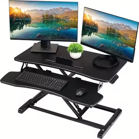 32-Inch Dual Monitor Electric Standing Desk Converter With Removable Keyboard Tray, Height Adjustabl