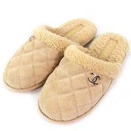 全新未使用 CHANEL 2023秋冬 G45121 Coco Mark Matelasse Boa 拖鞋/穆勒鞋，米色，36碼，義大利製造