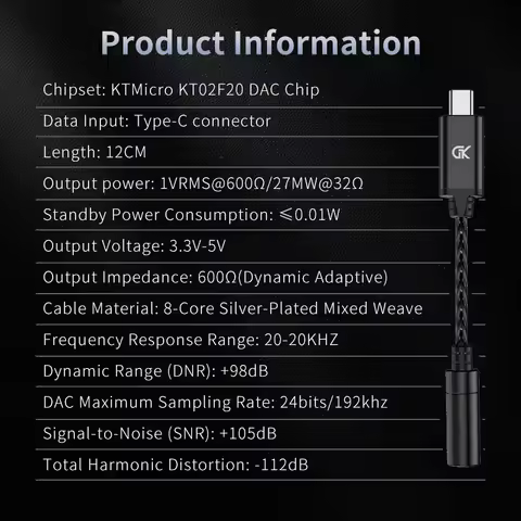 GK X1 Earphone Adapter Type-C To 3.5mm HiFi Amplifier Audio Cable Chip Amplifier PCM 192kHz Adapter 