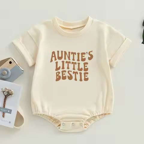 Auntie's Little Bestie Bubble Romper Newborn Baby Girl Boy Clothes Summer Short Sleeve Crewneck Cute