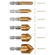 6pcs Countersink Drill Bit Set 1/4'' Hex Shank Hss 5 Flute Countersink 90 Degree Wood Chamfering Cutter Chamfer 6mm-19mm