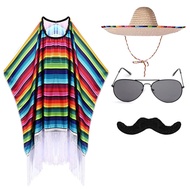 Kid Adult Party Costume Colorful Cloak Poncho Sombrero Hat Sunglasses Mustache Set for Mexican Fiest