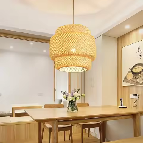 Bamboo Lantern Pendent Light Fixture Natural Rattan Wicker E27 Bulb Chandeliers Pendent Lamp Restaur
